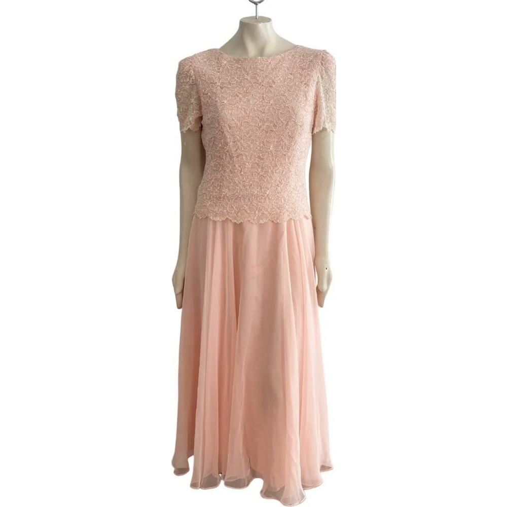 VTG 80s AFTER DARK Lace Chiffon Formal Maxi Dress in Peach  SZ 8